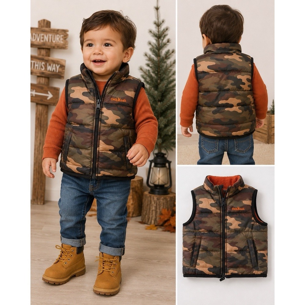 OshKosh Baby Boys Camo Puffer Vest 12-18M Orange Fleece Lined Full Zip
